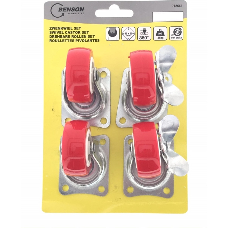 Swivel castor set 4x50mm red, 2x with break